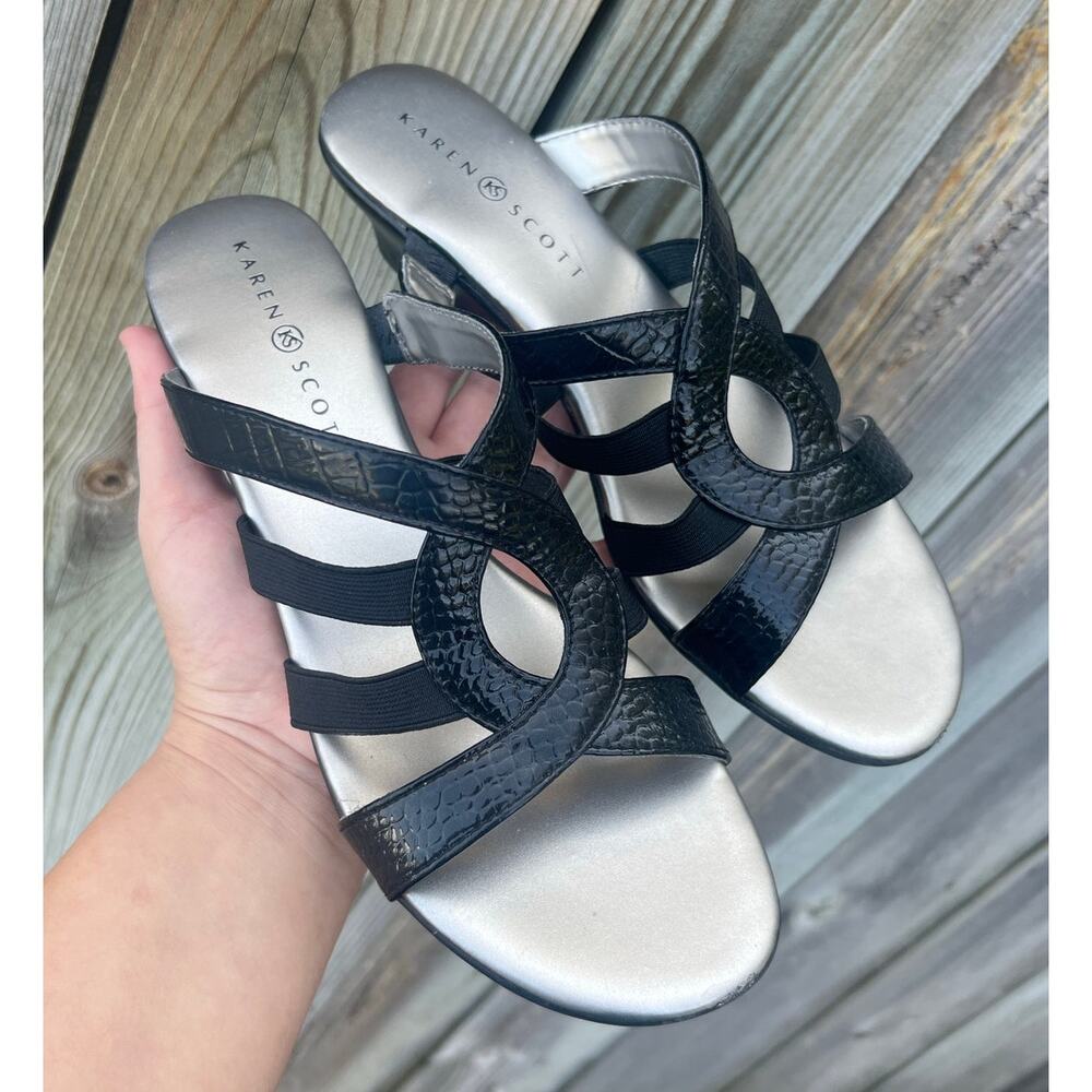 Karen Scott KS-EMET Sandals Women 9M Black Good‎ Snakeskin Strappy Wedge Heels